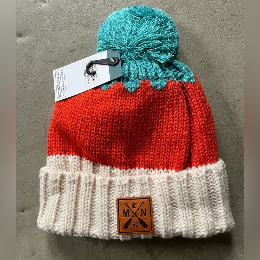 Orange and Teal Knit Beanie with Pom